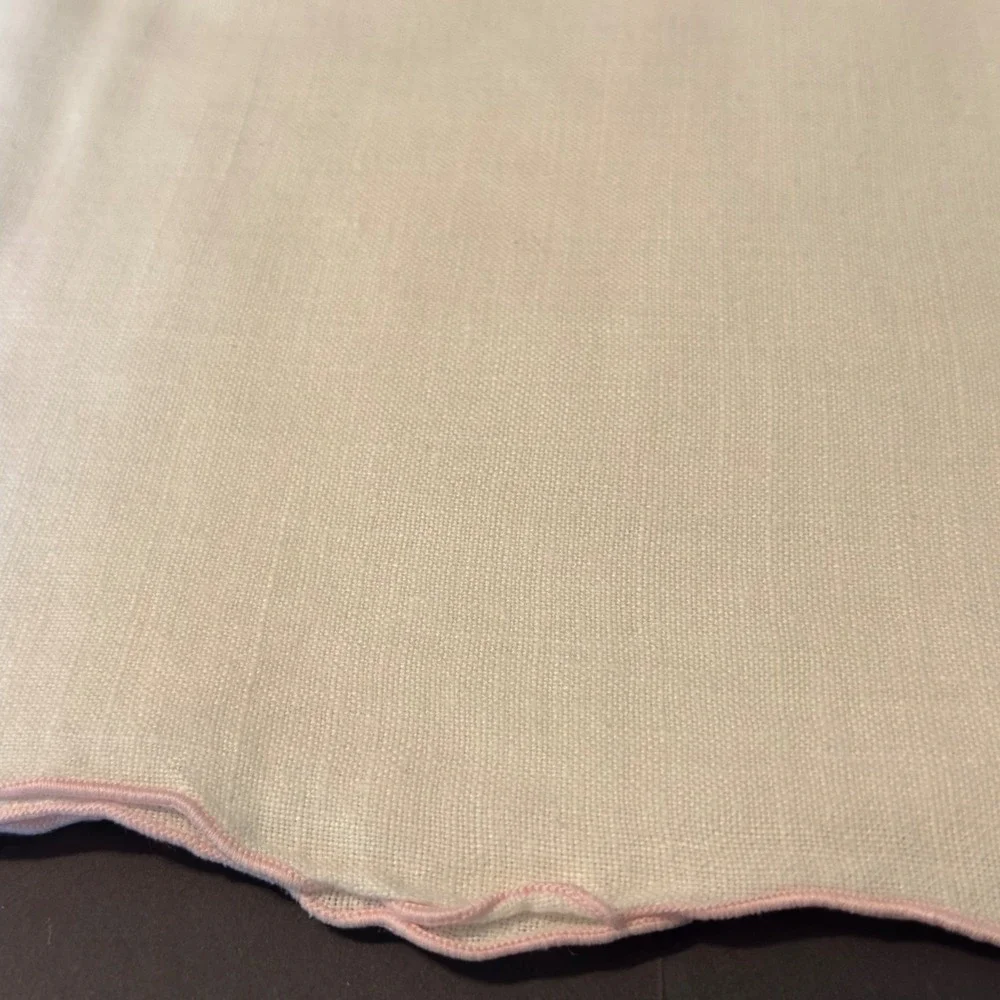 Vintage Linen Tablecloth White Pink Scalloped Edge 48x64 Cottagecore Farmhouse
